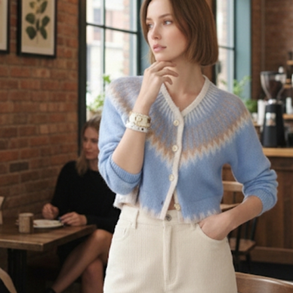 J. CREW Fair Isle Brushed Alpaca Wool Knit Cardigan Blue Cream S  SRP $148